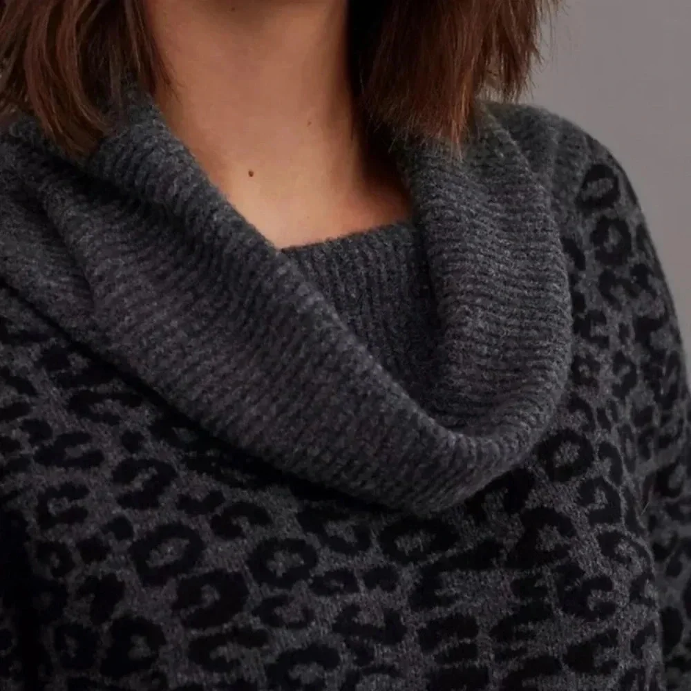 Anthropologie Emmy Cowl Neck Sweater Long Sleeve Cheetah Gray Black Cozy Size S
